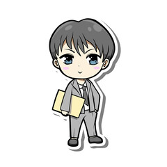 Cute cartoon office young man standing holding files on white silhouette and gray shadow. Vector illustration about character.