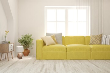 White living room with sofa. Scandinavian interior design. 3D illustration