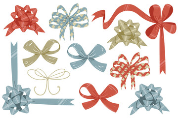 Simple minimalistic illustration of five designs of tied bows in beige, blue and red color - 471946021