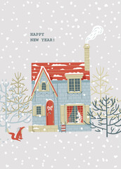 Pre made Christmas greeting card with blue house with red roof, sled, snow and fox with bow - 471946040