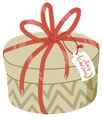 Simple minimalistic illustration of round vintage gift box present with chevron pattern and tied with a red ribbon bow - 471946087