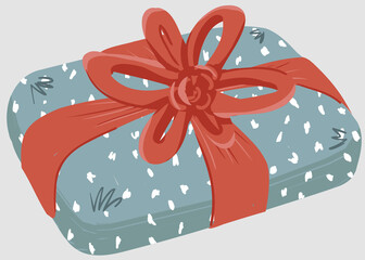Simple minimalistic illustration of vintage gift box present wrapped by blue paper with polka dot print and tied with red ribbon bow