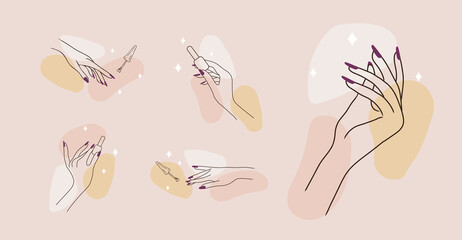 Female manicured hands. Lady painting, polishing nails. Nail polish. Vector Illustration of Elegant female hands in a trendy minimalist style. Beauty logo for nail studio or spa salon. - obrazy, fototapety, plakaty