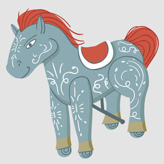 Simple minimalistic illustration of blue toy horse with wheels and red mane - 471946204