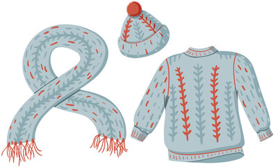 Cute simple minimalistic illustration of blue knitted sweater, hat and scarf with red and dark blue decor - 471946218