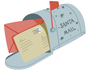 Simple minimalistic illustration with blue Santa Claus mail box with two letters to north pole - 471946225