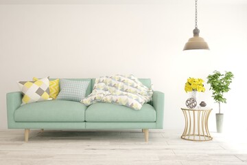White living room with sofa. Scandinavian interior design. 3D illustration