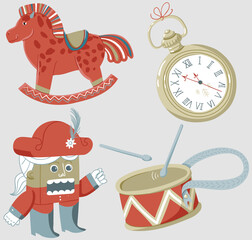 Simple set of minimalistic illustrations with Nutcracker, toy horse and drums, and pocket five minutes to twelve clock