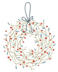 Simple minimalistic illustration of round wreath, with bare sticks, blue leave and red berries with tied bow - 471946279