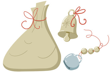 Cute simple minimalistic illustrations set of Christmas bells and Santa bag - 471946296