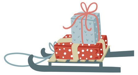 Simple minimalistic illustration of vintage sled with two gift boxes tied with ribbon bow - 471946297