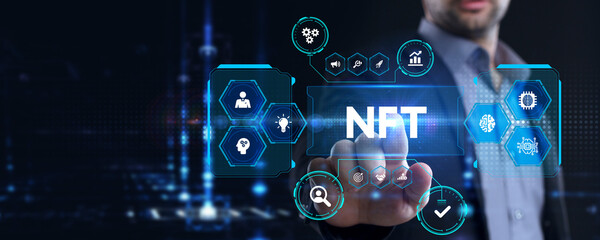 NFT Non-fungible token digital crypto  on virtual screen.