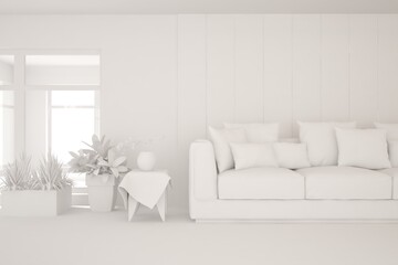 White minimalist living room with sofa. Scandinavian interior design. 3D illustration