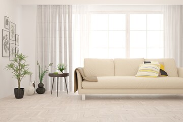 White living room with sofa. Scandinavian interior design. 3D illustration