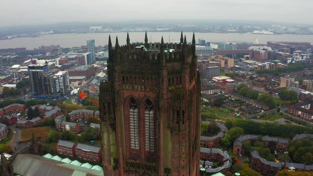 Aerial view of the Liverpool Cathedral or Cathedral Church of Christ of the Risen Christ on St James Mount in Liverpool, UK