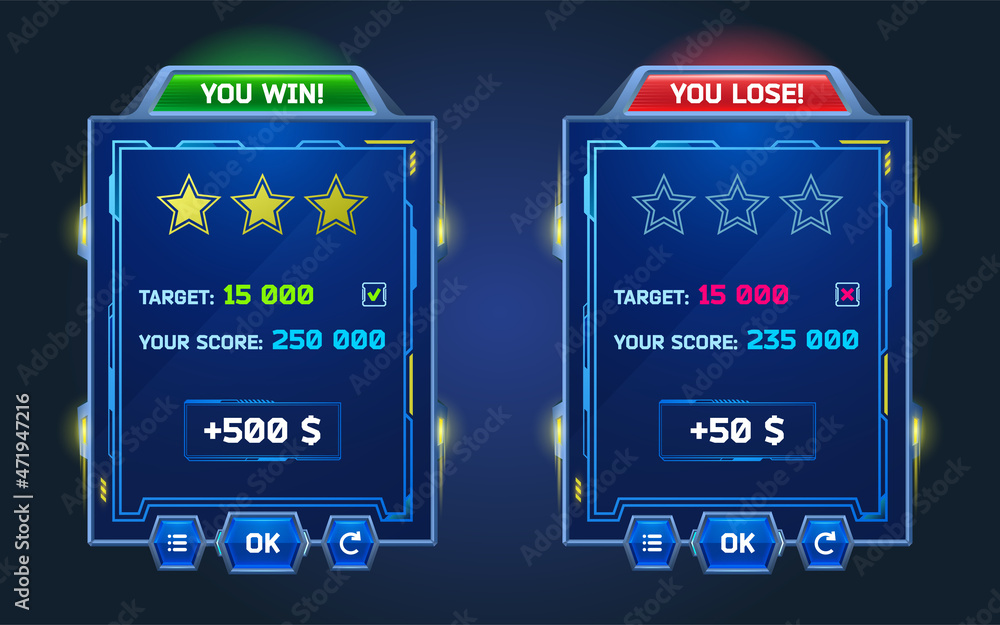 Poster game menu you win and lose space gamer ui glow panel with buttons. ski-fi interface with gui element