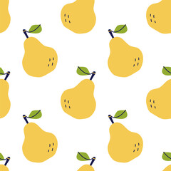 Pear with leaves. Fruit seamless pattern. Hand drawn vector illustration. Sweet natural food.