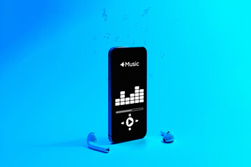 Music icon. Audio equipment with beats, sound headphones, music application on mobile smartphone screen. Radio recording sound voice on blue gradient background. Broadcast media music concept.