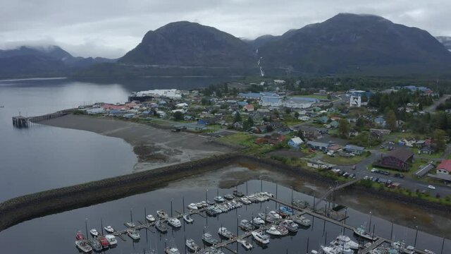 Drone shot of the village of Metlakatla above the beautiful harbor on Annette Island, Alaska