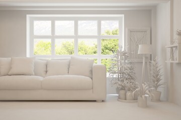 Mock up of stylish room in white color with sofa and green landscape in window. Scandinavian interior design. 3D illustration