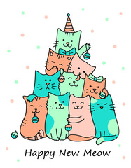 Christmas Tree with Cats. Funny Happy New Year Card. Cute cats with Christmas toys for the tree. Hand drawn pets in doodle cartoon style. Festive vector illustration for greeting card, cover, poster.