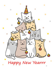 Christmas tree with cats. Merry Christmas and a Happy New Year card. Cute cartoon character cats celebrating winter holiday. Hand drawn Vector illustration of funny pets isolated on a white background