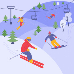 Adult people skiing dressed in winter clothing. Male and female cartoon ski riders. Winter mountain sports activity. Vector illustration in flat style