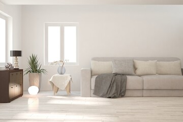 Soft color living room with sofa. Scandinavian interior design. 3D illustration