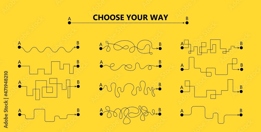 Wall mural set of difficult and easy simple way process from start to end. vector card illustration with path t