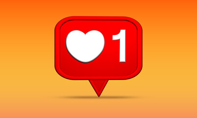 Like Heart Bubble 3D Render Social Media Icon. Three-dimensional Balloon Shape with Red love heart and 1 like in yellow orange Background. Modern Design for Social Media Marketing Subject 