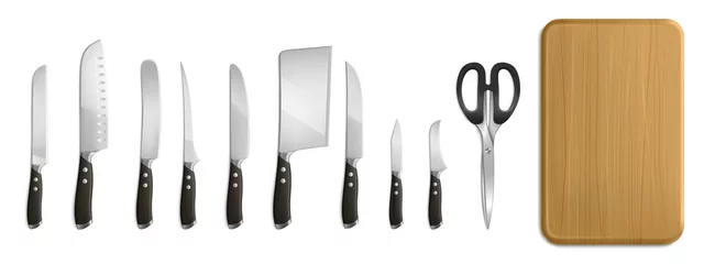 Fotobehang Chef and butcher knives, cutting board and scissors for cooking. Vector realistic set of 3d kitchen tools, metal knives with sharp blades and black handles, axe for meat and wooden plank © klyaksun
