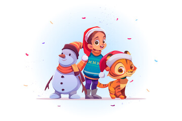 Christmas poster with cute girl, snowman and tiger in red Santa Claus hat. Vector cartoon illustration of child with snow man and funny kitten celebrate New Year and winter holidays