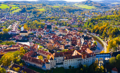 Panoramic view from the drone on the city Cesky Krumlov. Czech Republic