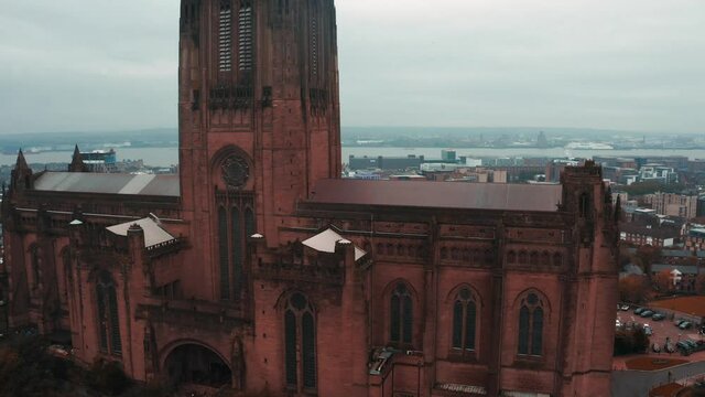 Aerial view of the Liverpool Cathedral or Cathedral Church of Christ of the Risen Christ on St James Mount in Liverpool, UK