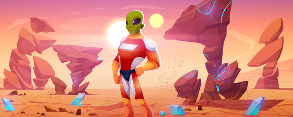 Alien character in spacesuit on Mars surface. Vector cartoon illustration of red planet landscape with rocks, blue crystals and green extraterrestrial astronaut © klyaksun