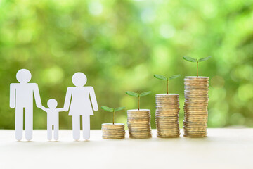 Family or child trust fund / fundraising concept : Family members, sprouts on coins on a table,...