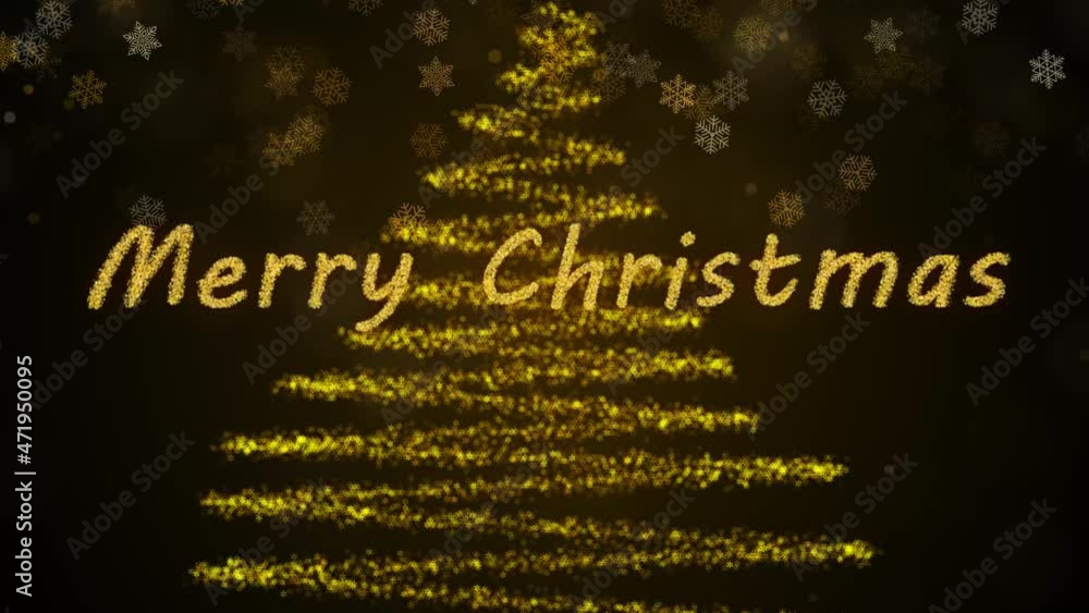 Poster merry christmas greetings with christmas tree from bokeh snowflake particles seamless loopable anima