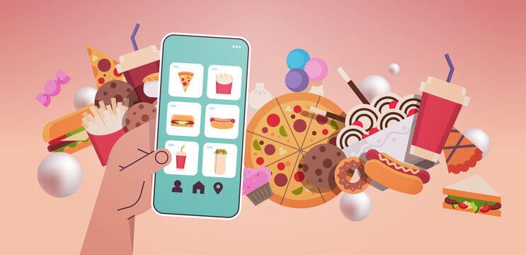 human hand choosing junk food on smartphone screen unhealthy nutrition junkfood addiction stop fast food