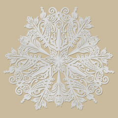 Paper snowflake with a depiction of an owl, peacock, firebird, fabulous birds in a fairy forest. Christmas decoration. New year celebration.