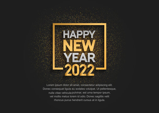 happy new year 2022 golden and silver color with square on black background and glitter