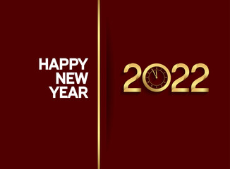 happy new year 2022 golden number with clock isolated red background