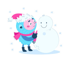 A fabulous Yeti in a Christmas hat and scarf makes a snowman.