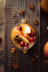 Traditional hot apple cider. Christmas drink with apples cinnamon, cranberry and anise. Homemade...