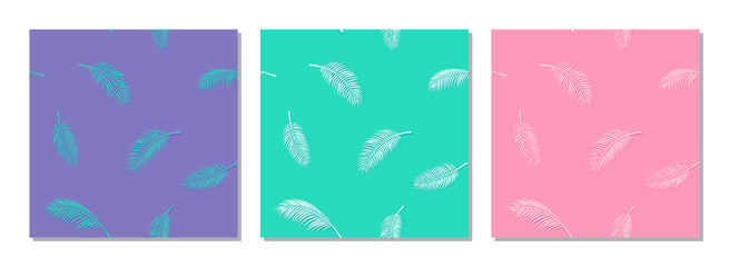 A set of patterns with palm branches. Purple, turquoise and pink background