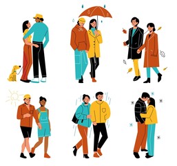 Different weather walking. Happy couple walks in clothes for different seasons, various times of year outfits, spring and summer, winter and autumn outdoor activity. Vector isolated set