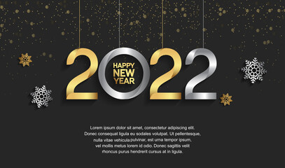 happy new year 2022 hanging golden and silver number with snowflake isolated black background