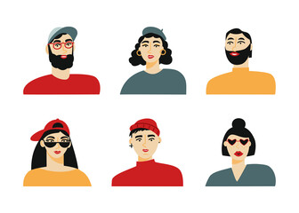 Different faces of women and men on a white background. Set of avatars of diverse characters. Heads of various people. Flat vector illustration