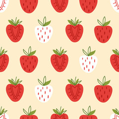 Seamless pattern with strawberries. Simple vector flat illustration with red berries on a beige background 