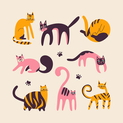 Set of different cats in a flat style. Vector illustration with simple kittens