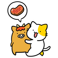 牛肉になるウシを育てるかわいいねこの手書き風イラスト